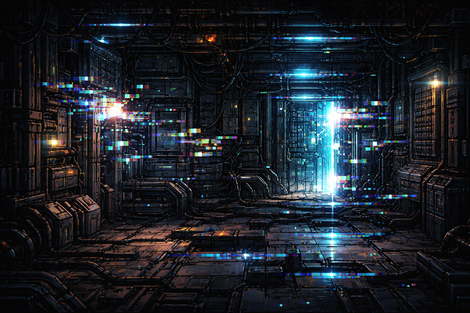 Glitching corridor lit with cold blue light.