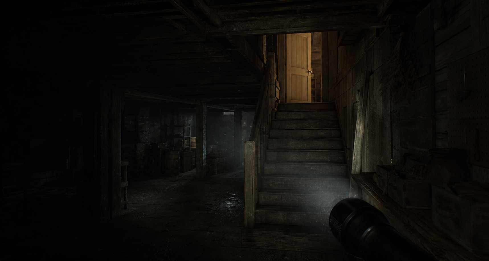 A dark farmhouse basement staircase lit by a flashlight and an open upstairs door.